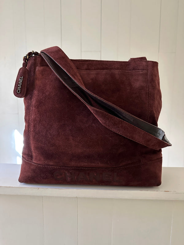 Chanel Logo Suede Shoulder Bag