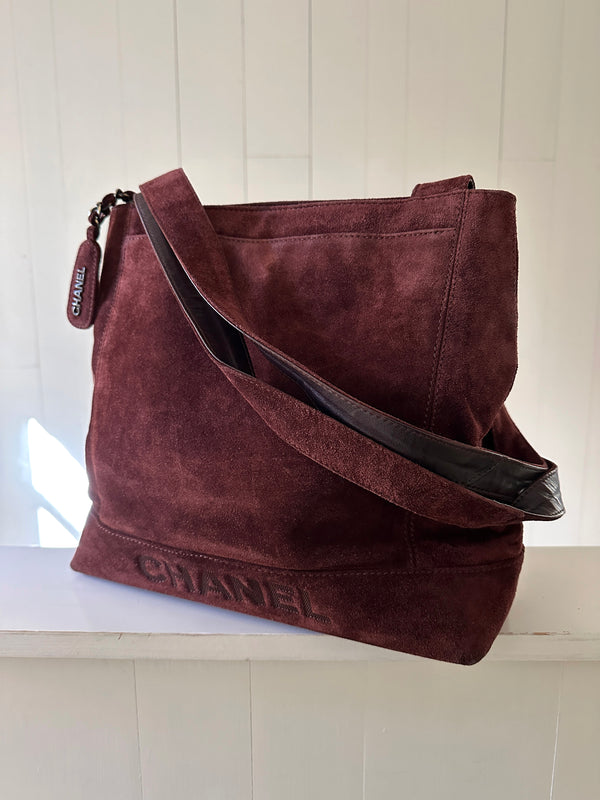 Chanel Logo Suede Shoulder Bag