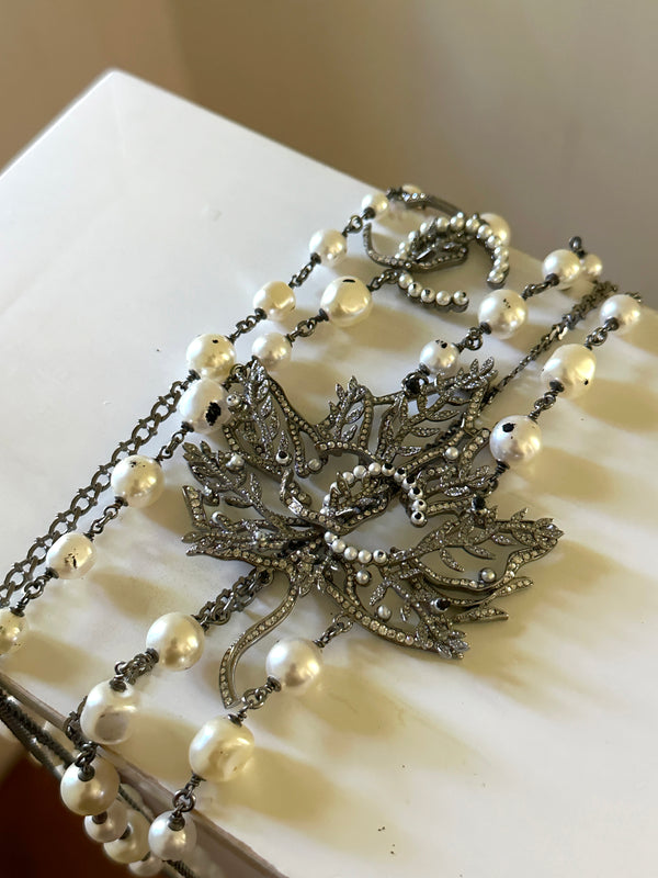 Chanel Faux Pearl & Strass Multistrand Leaf Necklace
