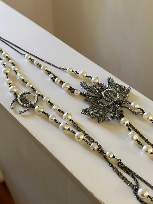 Chanel Faux Pearl & Strass Multistrand Leaf Necklace