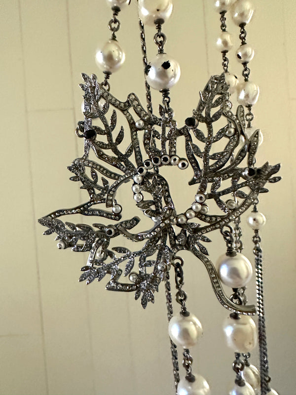 Chanel Faux Pearl & Strass Multistrand Leaf Necklace