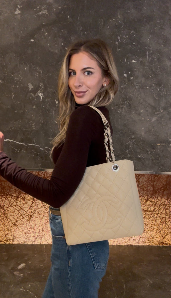 Chanel Beige Caviar Quilted Timeless Petit Shopping Tote