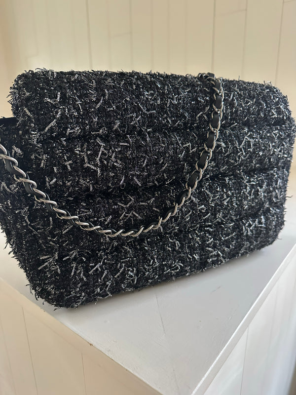 Chanel Glittered Tweed Jumbo Flap Back