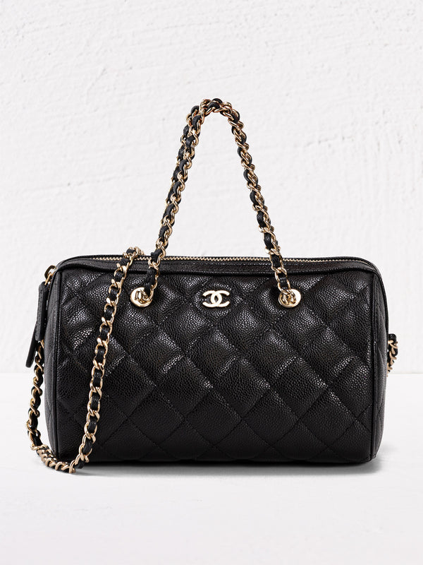 Chanel Caviar Quilted Barrel Clutch With Chain