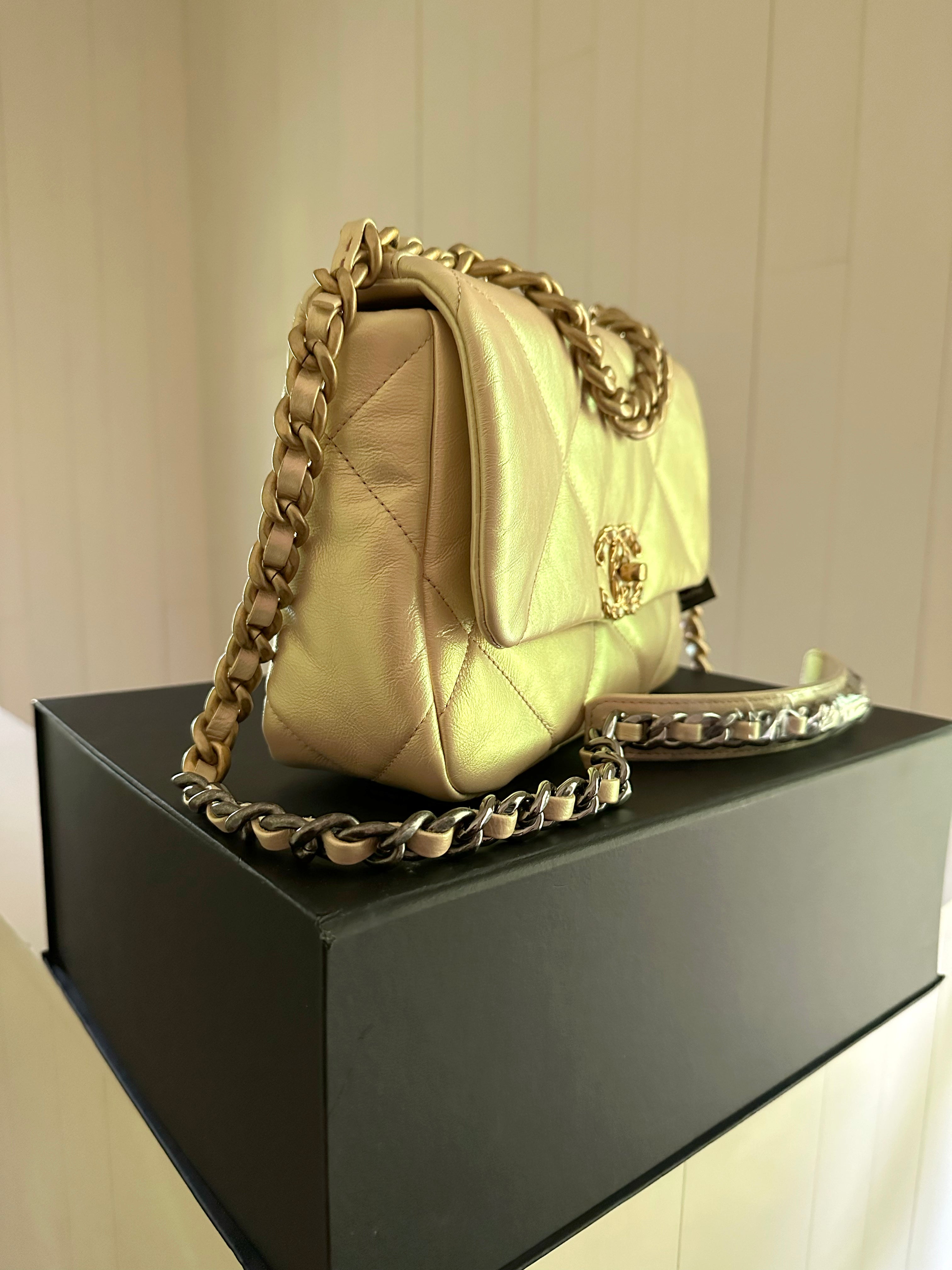 Chanel Small 19 Bag Limited Edition Lambskin Gold With Gold/Silver Har